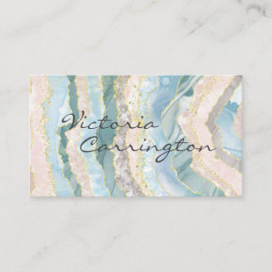 Cartão De Visita Elegante Blue Dourado Agate Script