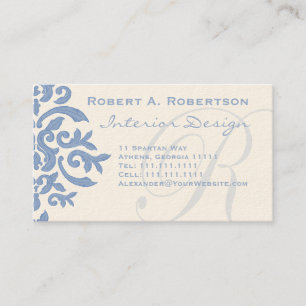 Cartão De Visita Elegante Blue e Cream Damask - Letra R