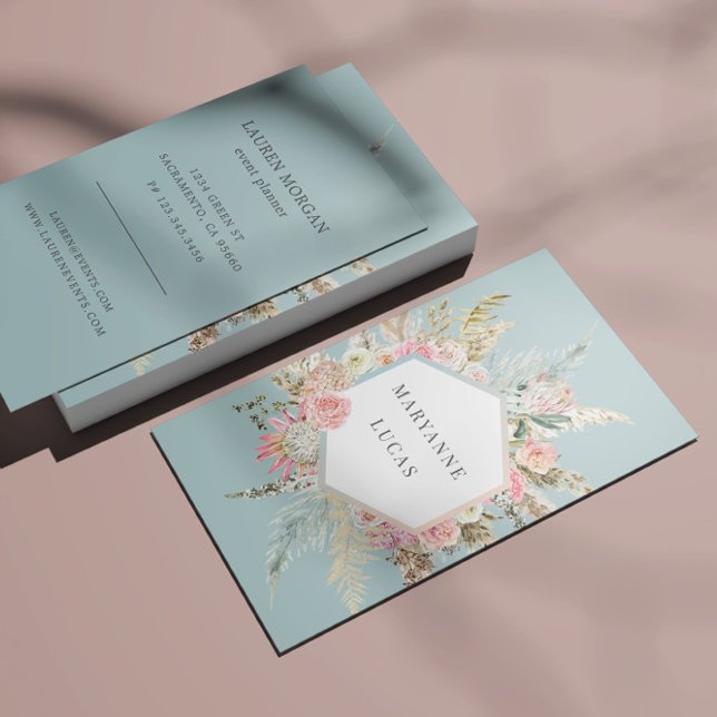 Cartão De Visita Elegante Bohemian Floral Monograma Azul (Criador carregado)