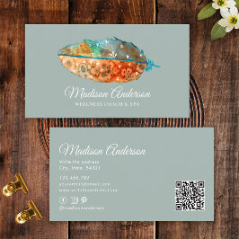 Cartão De Visita Elegante Boho Terracota Azul Aquarela Pena