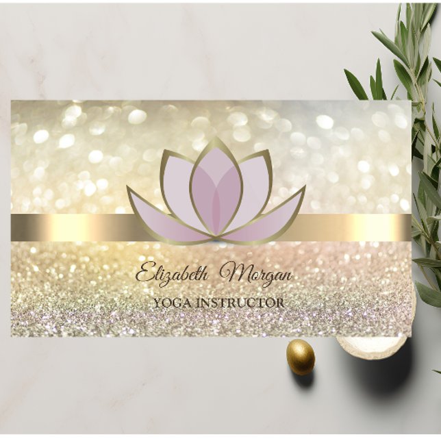 Cartão De Visita Elegante Bokeh Dourado, Lotus Flower Yoga Reiki (Criador carregado)