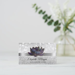 Cartão De Visita Elegante Bokeh Prata, Instrutora de Yoga Flor de L