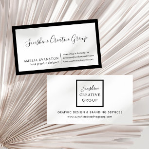 Cartão De Visita Elegante Borda Preta Branco Moderno Script
