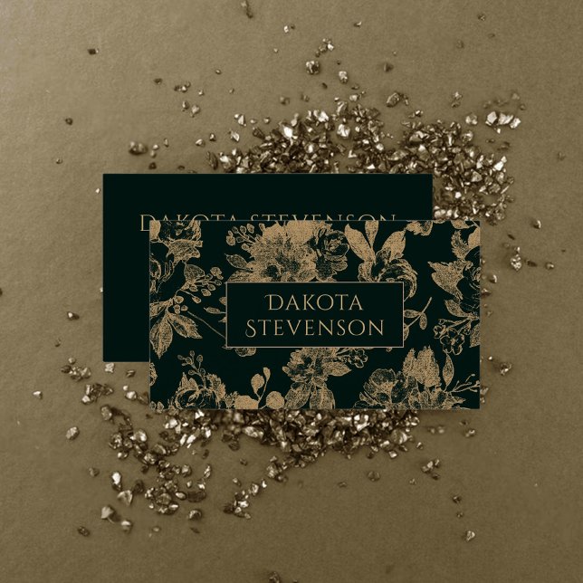 Cartão De Visita Elegante Botânico | Verde escuro e Dourado Floral (Criador carregado)