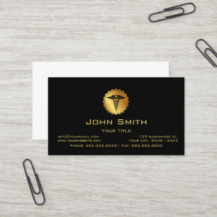 Cartão De Visita Elegante Caduceu Médico Emblema Preto e Dourado