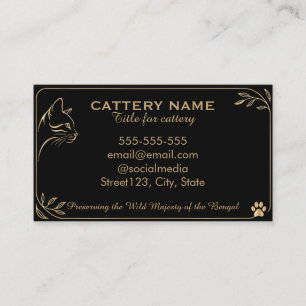 Cartão De Visita Elegante Cardápio de Gatos Bengal Preta e Dourada 