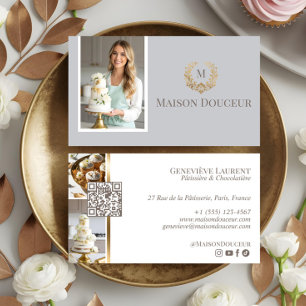 Cartão De Visita Elegante Casa de Bolos de Luxo Crista Floral Monog