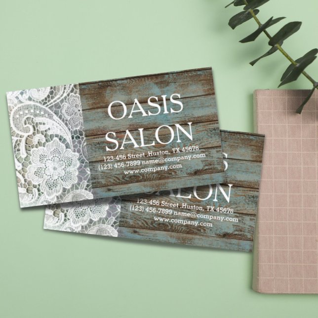 Cartão De Visita elegante castanho branco de renda azul (elegant rustic country white lace blue barn wood business card)