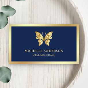 Cartão De Visita Elegante Chic Moderno Borboleta Dourada Azul Folhe