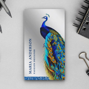 Cartão De Visita Elegante Chic Prata Folha Azul Pavão Indiano