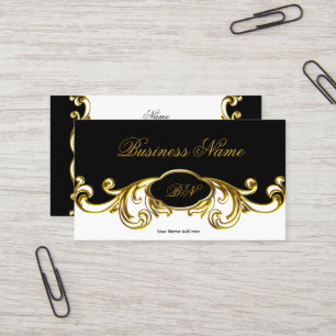 Cartão De Visita Elegante Chique Preto Branco Dourado Floral Redemo