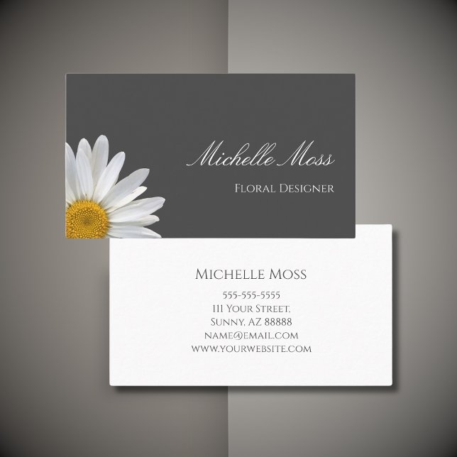 Cartão De Visita Elegante Cinza de margarida floral (Criador carregado)