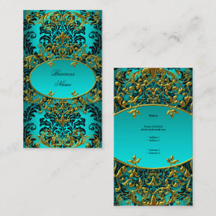 Cartão De Visita Elegante Clássico Azul Turquesa Dourado Floral Dam
