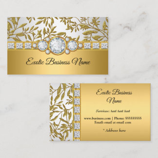 Cartão De Visita Elegante Clássico Dourado Damask Floral Branco