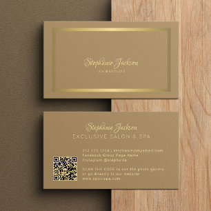 Cartão De Visita Elegante código QR bege e dourado para cabeleireir
