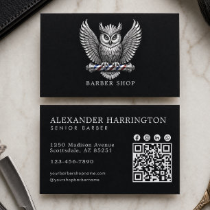 Cartão De Visita Elegante Código Qr da Barbearia Coruja de Prata Ha