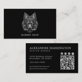 Cartão De Visita Elegante Código Qr da Barbearia Lobo Prateado Hair