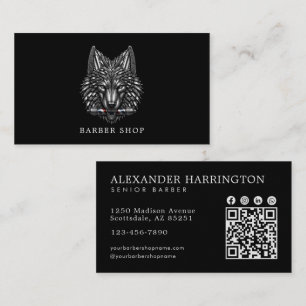 Cartão De Visita Elegante Código Qr da Barbearia Lobo Prateado Hair