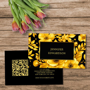 Cartão De Visita Elegante código QR de flores pretas douradas profi