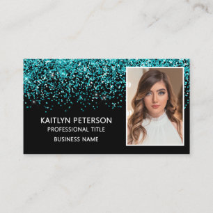 Cartão De Visita Elegante Código QR de Foto com Brilho Aqua Preto