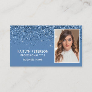 Cartão De Visita Elegante Código QR de Foto com Glitter Azul Poeire
