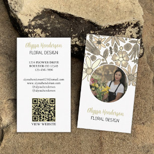 Cartão De Visita Elegante Código QR de Foto Floral Branco e Bege Lo