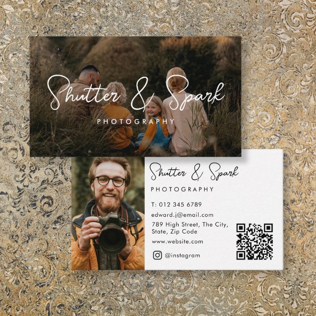 Cartão De Visita Elegante Código QR de Fotografia Foto Completa (Elegant Script Full Photo Photography QR Code Business Card
)