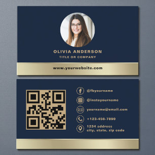 Cartão De Visita Elegante Código QR de Logo Dourado Azul Naval Foto