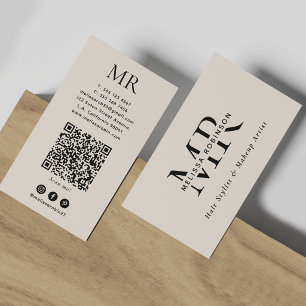 Cartão De Visita Elegante Código QR de Monograma Bege Moderno para