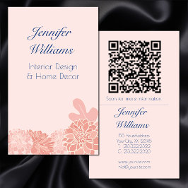 Cartão De Visita Elegante código QR floral rosa e azul-navy