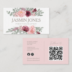 Cartão De Visita Elegante Código QR Floral Rosa Fotografia