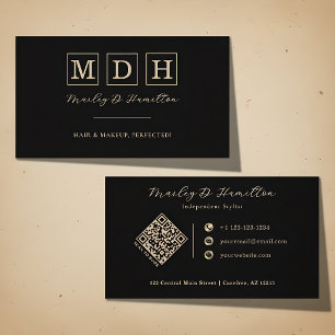 Cartão De Visita Elegante Código QR Monograma Preto Dourado