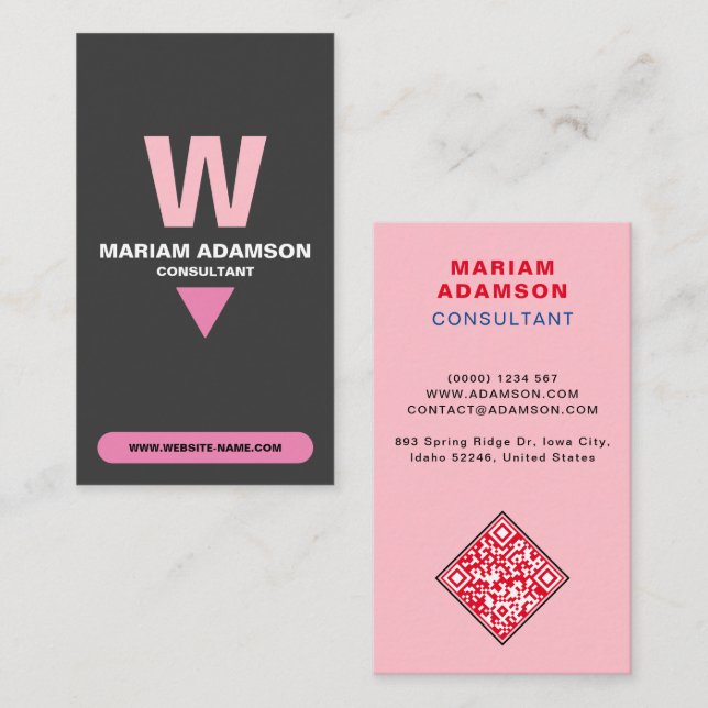 Cartão De Visita Elegante (Código QR Monograma) Rosa e Preto Matriz (Frente/Verso)