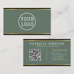 Cartão De Visita Elegante Código QR Profissional Verde Sálvia Preto
