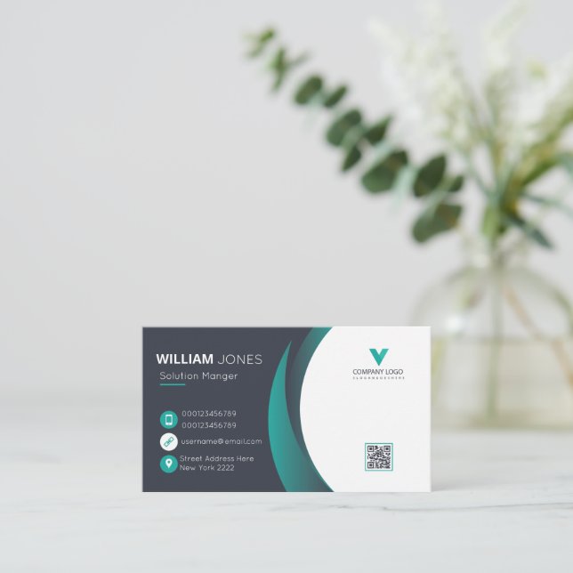 Cartão de Visita Elegante, Código QR Verde Branco (Em pé/Frente)