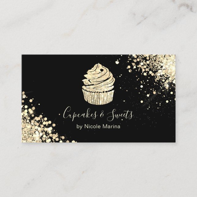 Cartão De Visita Elegante Confeitaria de Cupcake Preto e Dourado Ch (Frente)
