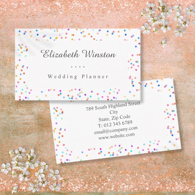 Cartão De Visita Elegante Confete de Cores para Casamento Script (Elegant Colourful Wedding Confetti Script Business Card)
