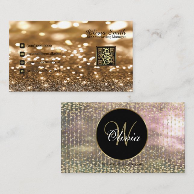 Cartão De Visita Elegante Cortinas Douradas com Cama Glitter Código (Frente/Verso)