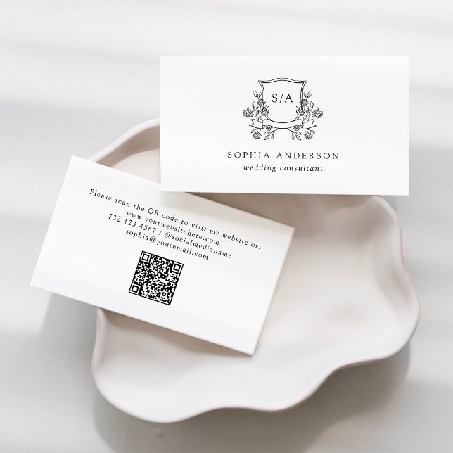 Cartão De Visita Elegante Crest e Monograma | Preto e branco (Criador carregado)