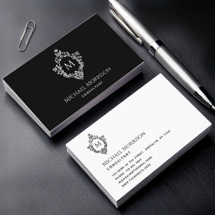 Cartão De Visita Elegante Crista Monograma Vintage Preto e Branco