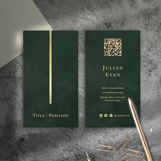 Cartão De Visita Elegante Dark Emerald Green e Dourado código Qr (Elegant Dark Emerald Green & Gold Qr code Business Card)