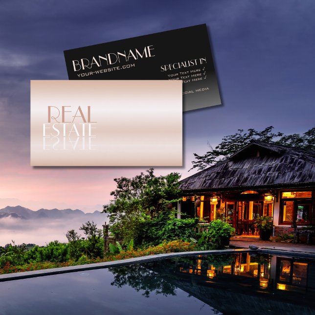 Cartão De Visita Elegante de fonte de espelho preto Dourado do Rosa (Criador carregado)