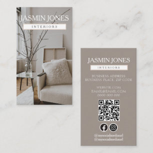 Cartão De Visita Elegante Design de Interiores Neutro QR