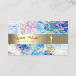 Cartão De Visita Elegante Dourada Árvore Yoga Instrutor Opal Holog