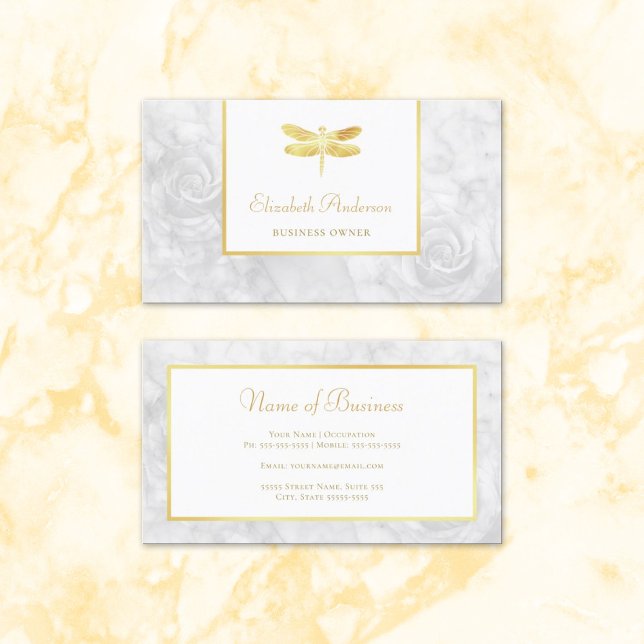 Cartão De Visita Elegante Dourada Dragonfly White Marble (Elegant Gold Dragonfly White Rose Marble Business Cards)