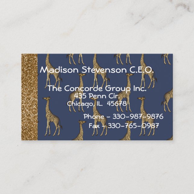Cartão De Visita Elegante Dourada Glitter Giraffe Na moda (Frente)
