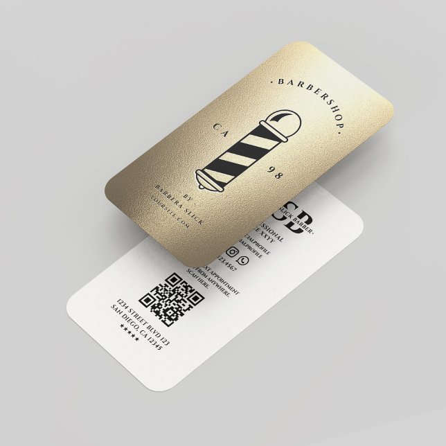 Cartão De Visita Elegante Dourado Barbershop Barber Pole Moderno (Elegant Gold White Barbershop Barber Pole Modern Business Card
)