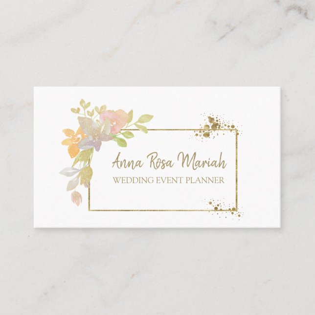 Cartão De Visita *~* Elegante Dourado de Flor Rosa Brilhante com La (Frente)