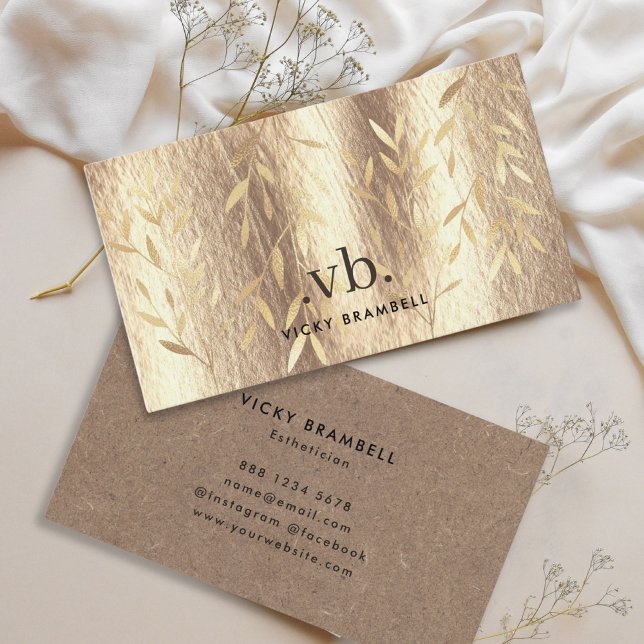 Cartão De Visita Elegante Dourado Deixa Moderno Monograma Artista (Elegant Gold Leaves Modern Monogram Artist Business Card 1)