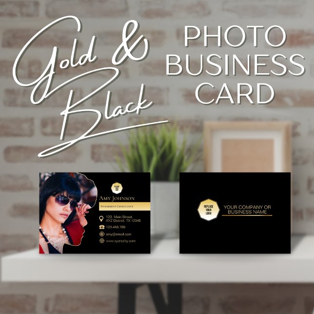 Cartão De Visita Elegante Dourado e preto, adicione fotos próprias  (gold and black add your own photo business card)